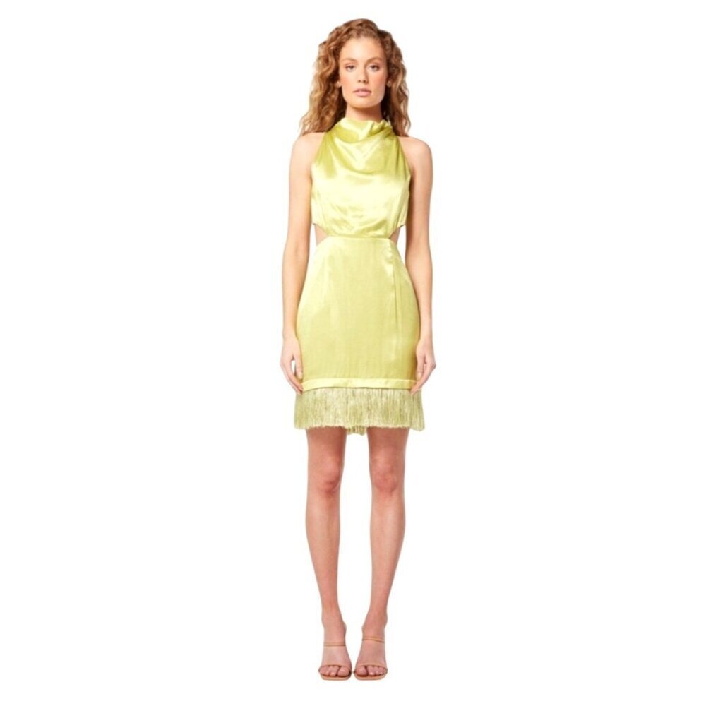 Satin Fringe Cutout XS Elliatt Citrus Leoni Halter Mini Dress In Lime Green - Picture 2 of 13